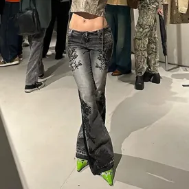 Aiertu Streetwear y2k Flare Jeans Distressed 2000s Floral Print Low Rise Slim Denim Pants Korean Women Trousers Retro Mom Jeans