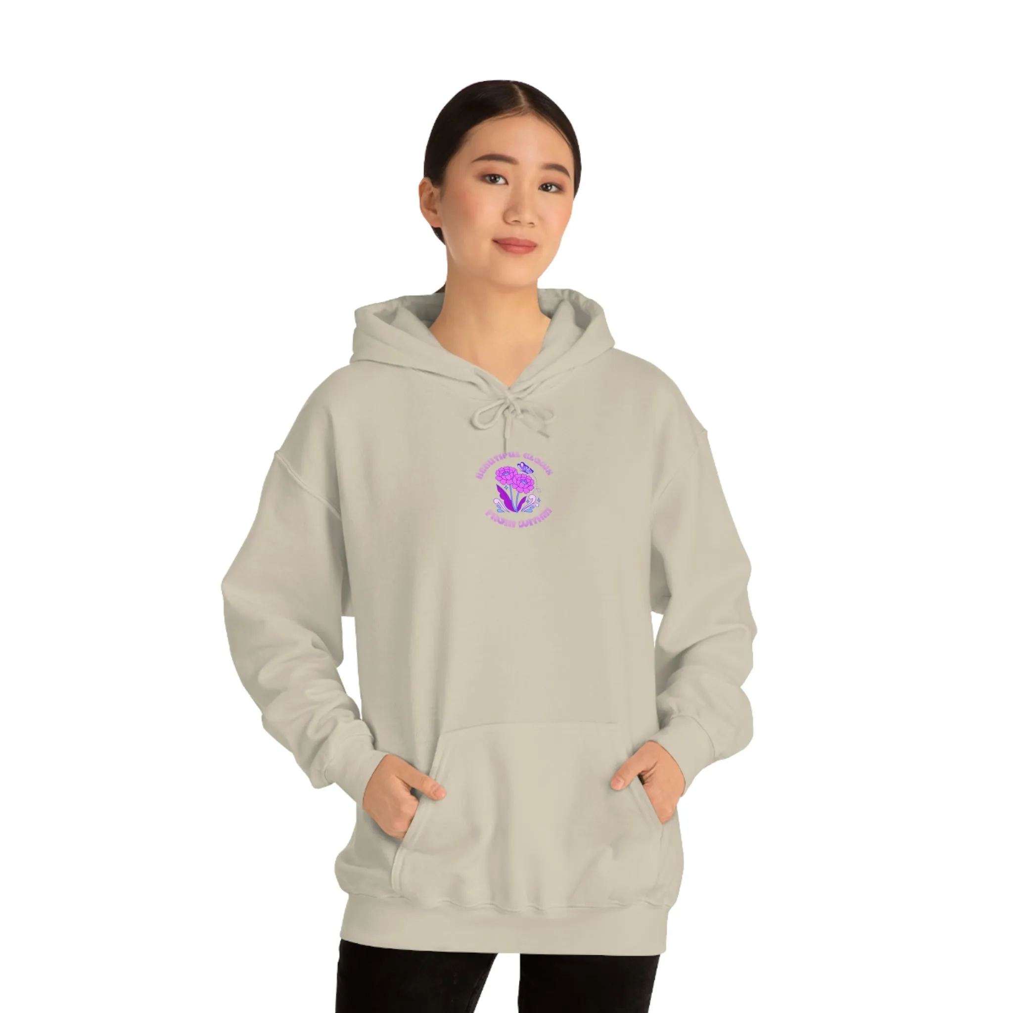 Beautiful Glows from Within Purple Flower Hoodie, Aesthetic Oversized Hoodie, Front Back Print Trendy Sweatshirt, Beach Lake Cover Up