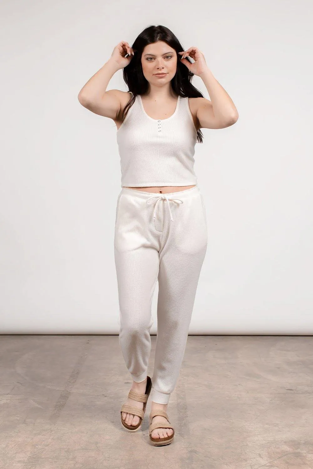 BRUSHED WAFFLE CROP TANK TOP -   WHITE