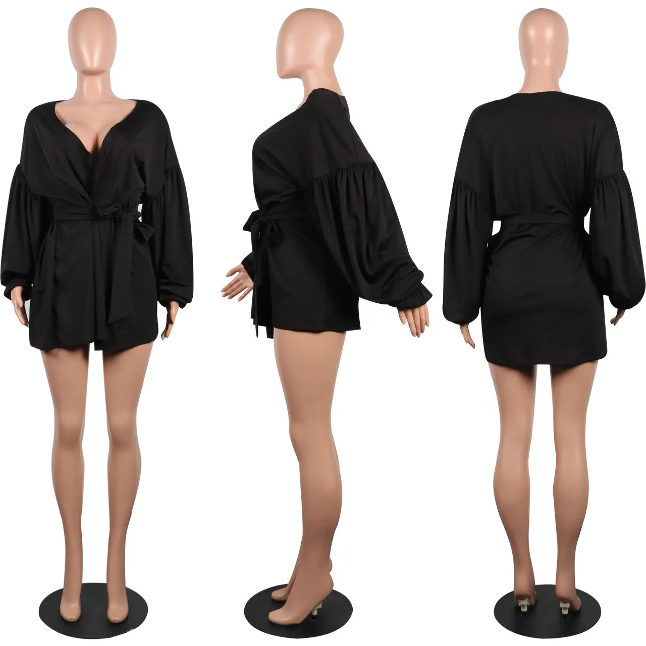 Bubble Long Sleeves V-neck Mini Dress