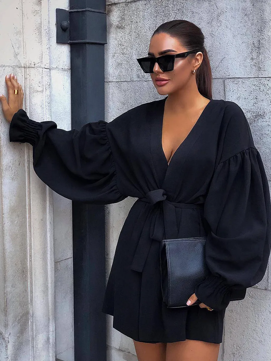 Bubble Long Sleeves V-neck Mini Dress
