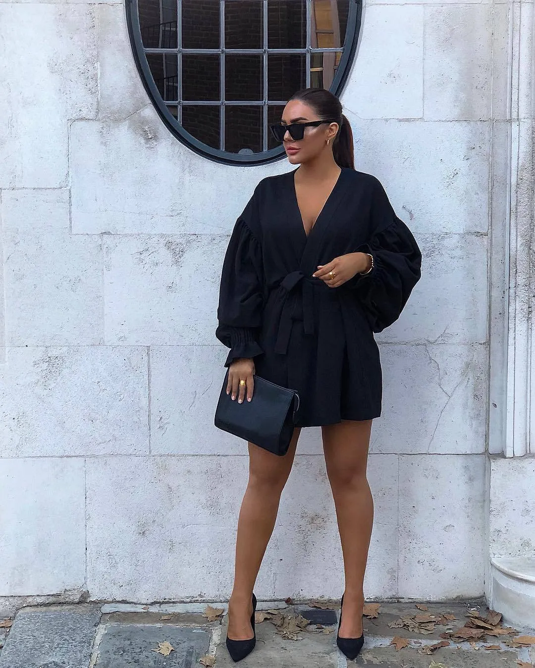 Bubble Long Sleeves V-neck Mini Dress