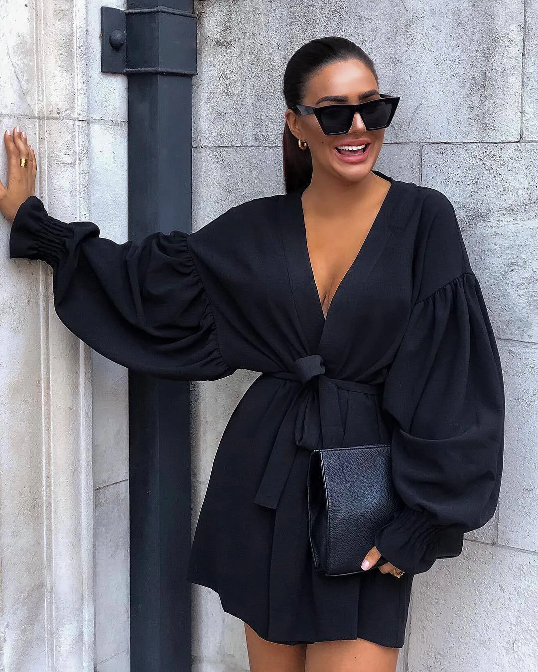 Bubble Long Sleeves V-neck Mini Dress