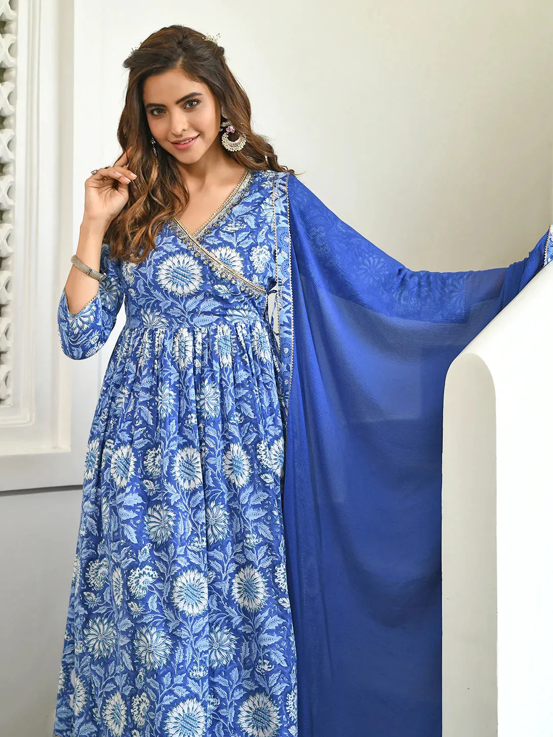 Cotton Blue Floral Print Suit Set with Chiffon Dupatta