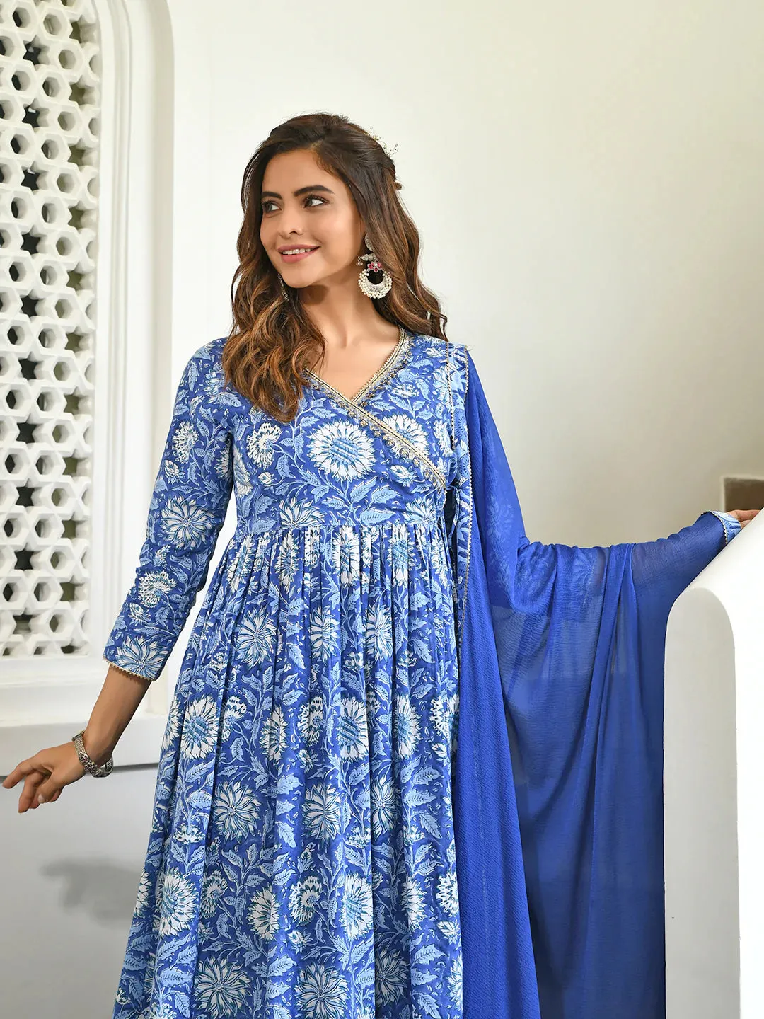 Cotton Blue Floral Print Suit Set with Chiffon Dupatta
