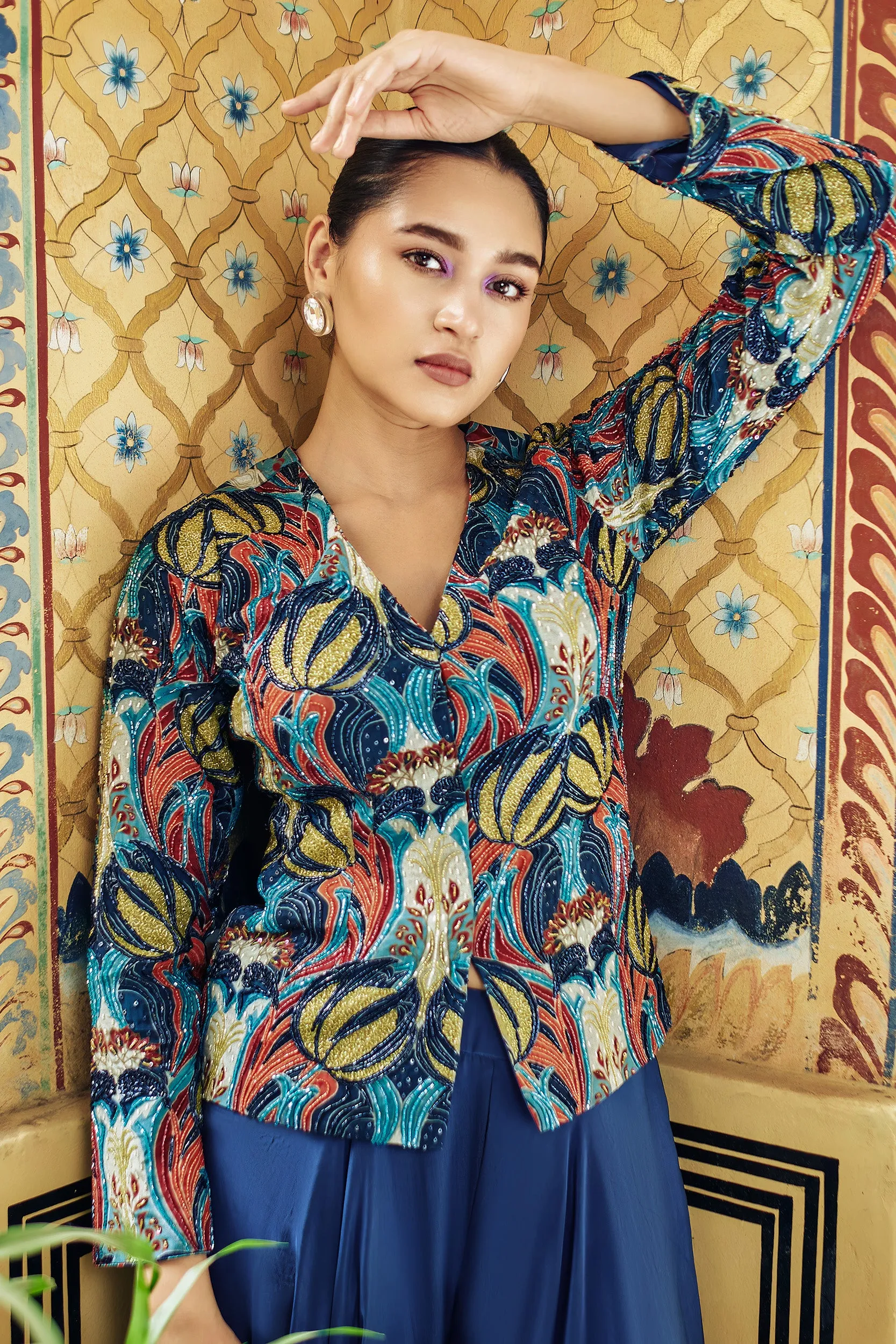 Dark Blue Abstract Motif Jacket Set for a Statement