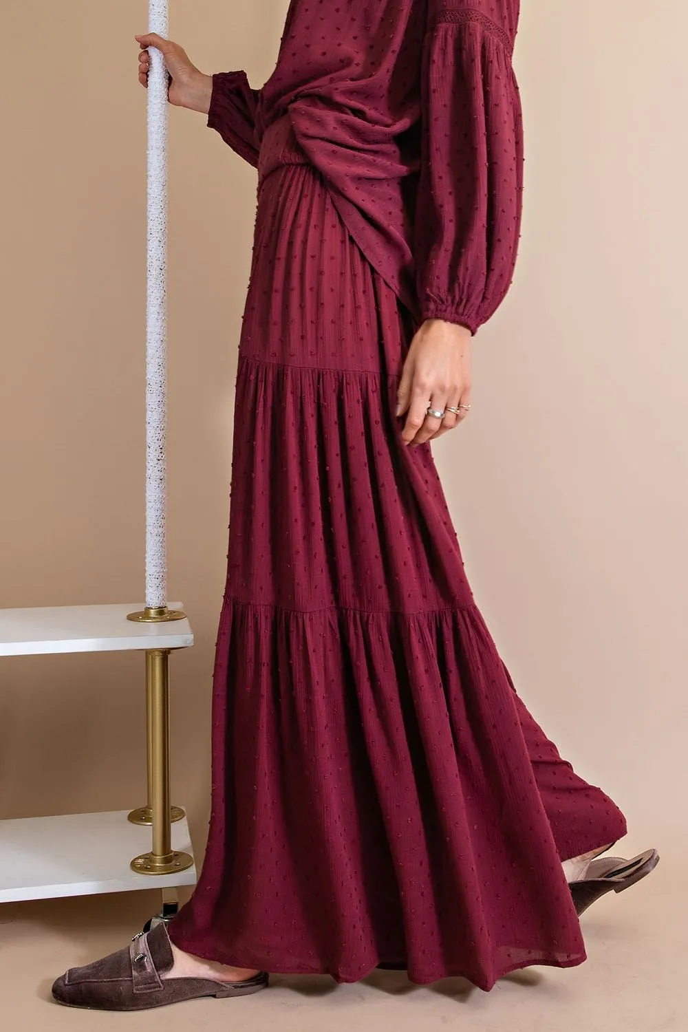 Easel Swiss Dot Wide Palazzo Pants -  Deep Plum