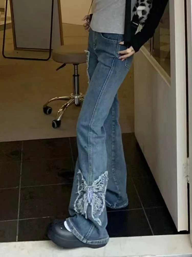 Girlary Summer Blue French Vintage Jeans Women Butterfly Embroidery Korean Fashion Flare Pants Female Harajuku Causal Denim Pants