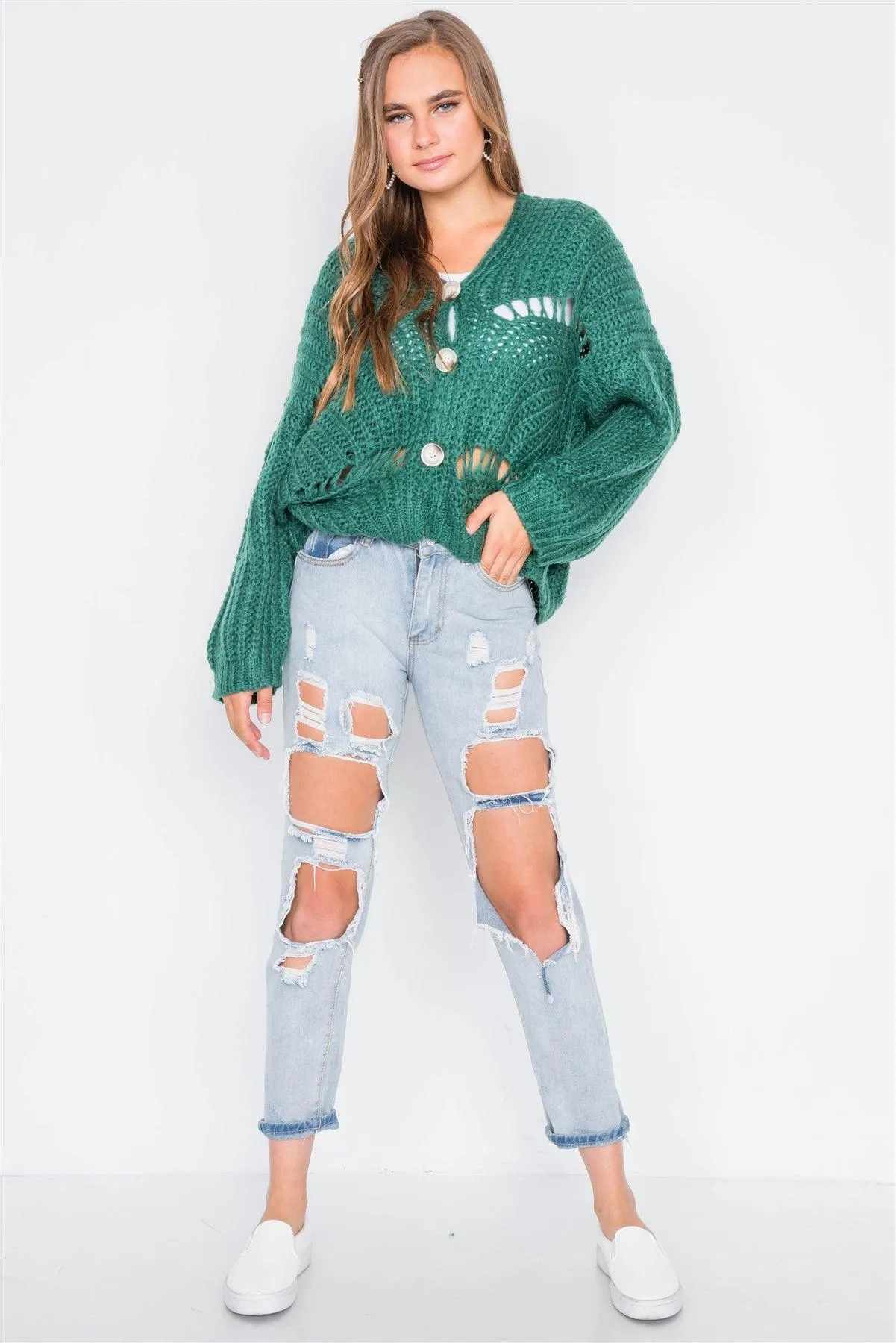 Green Chunky Knit Button-Front Cardigan /3-3