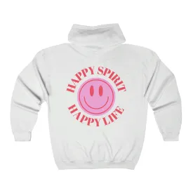 Happy Spirit Happy Life  Zip Up Sweatshirt, Gildan 18600, Oversized Hoodie, Back Print Trendy Sweatshirt, Beach Cover Up, Lake Cover Up