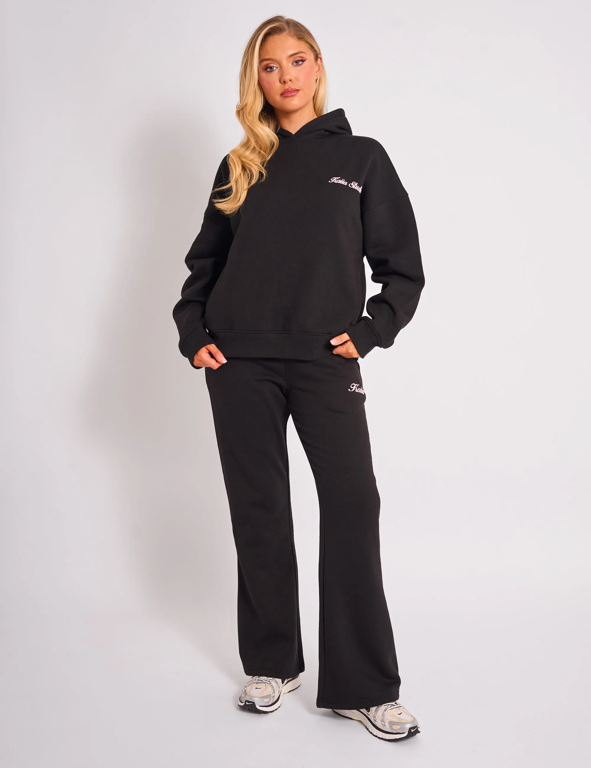 Kaiia Cherry Bow Graphic Oversized Hoodie Black & Pink