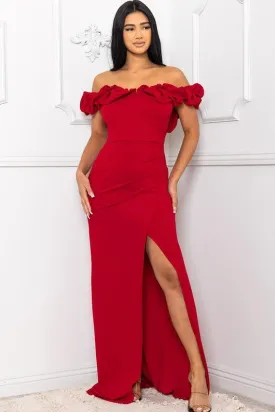 OFF THE SHOULDER RUFFLE SLEEVE MAXI DRESS