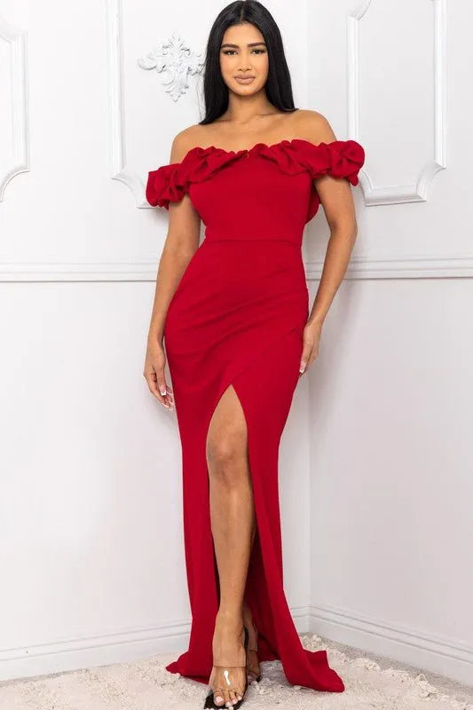 OFF THE SHOULDER RUFFLE SLEEVE MAXI DRESS