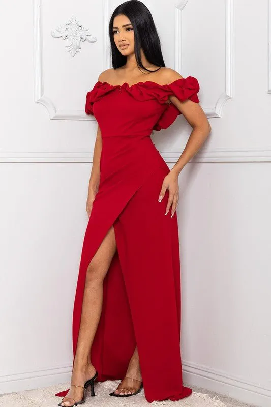 OFF THE SHOULDER RUFFLE SLEEVE MAXI DRESS
