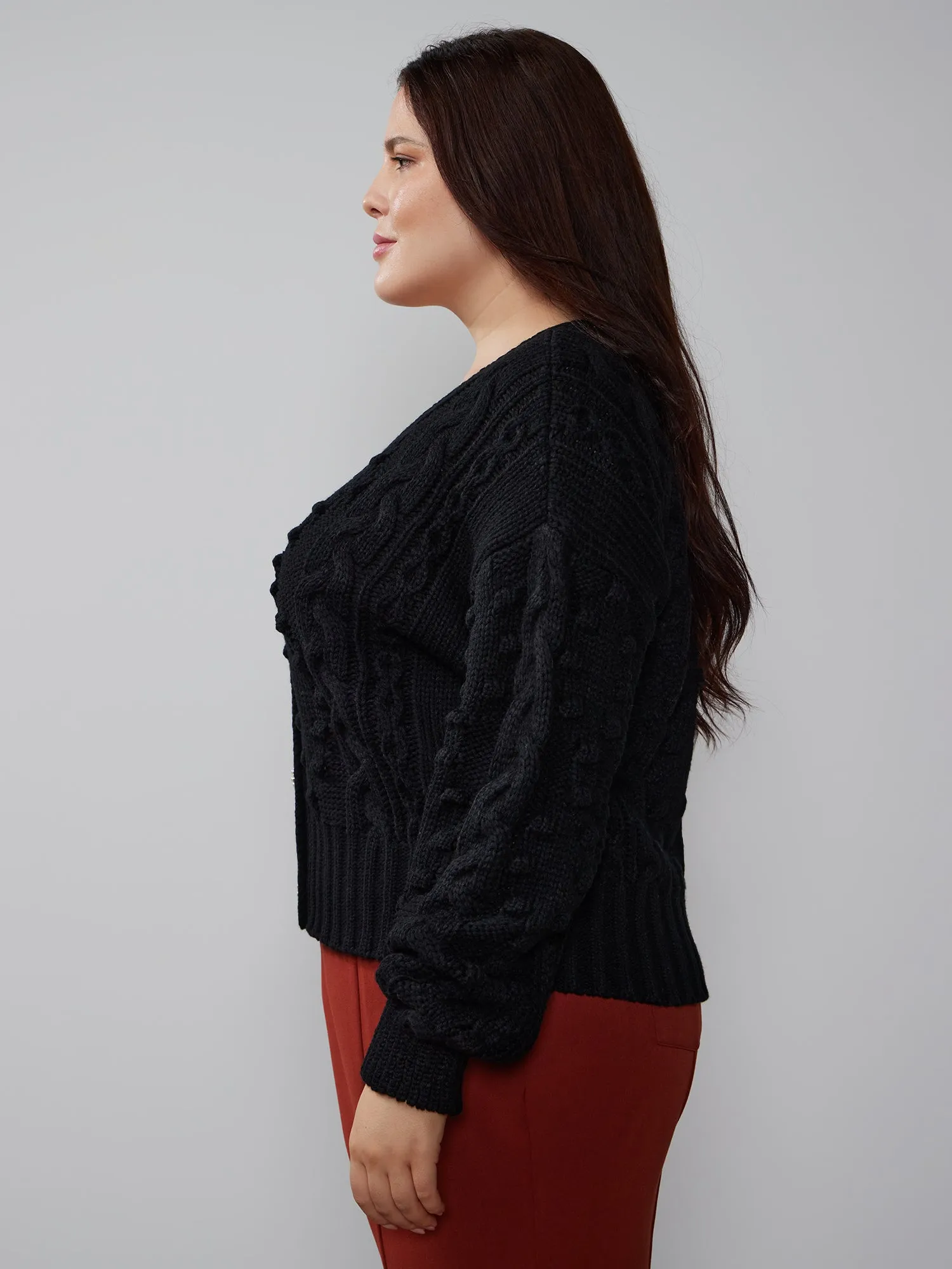 Plus V-Neck Cable Knit Cardigan