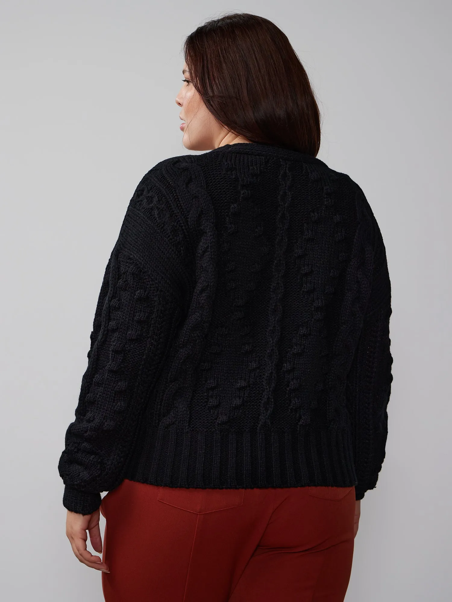 Plus V-Neck Cable Knit Cardigan