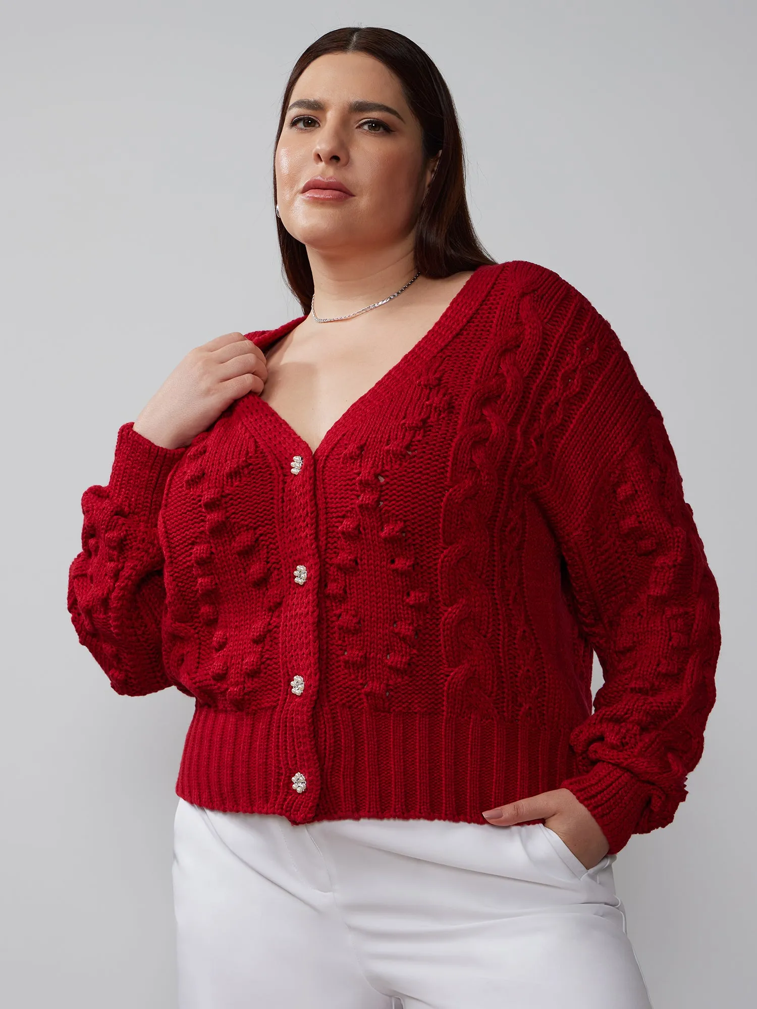 Plus V-Neck Cable Knit Cardigan