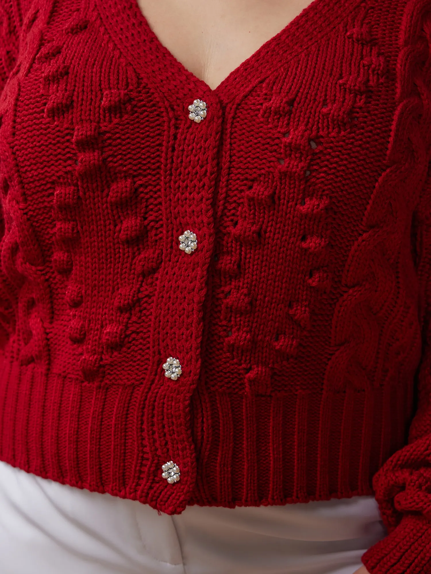 Plus V-Neck Cable Knit Cardigan