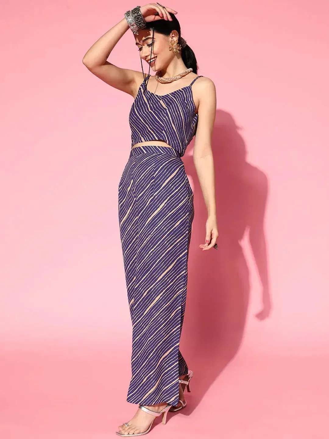 Purple Striped Georgette 3 Piece Co-Ords