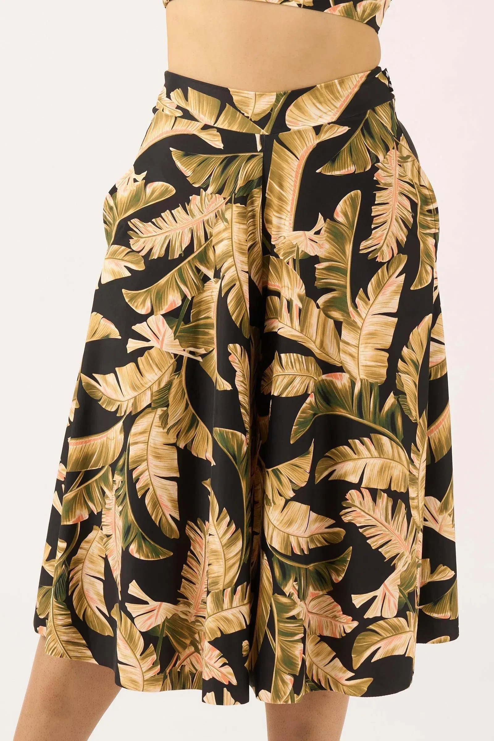 Silky Palazzo Culotte With Pocket - Black Tropical Leaf