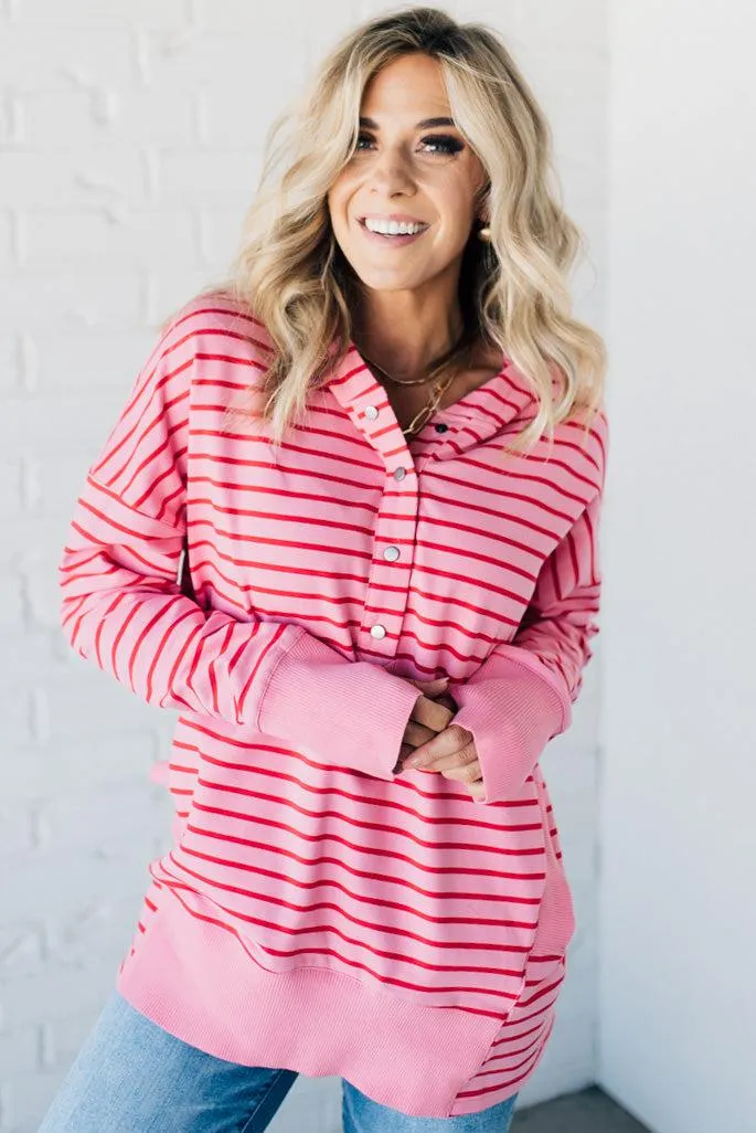 Striped Snap Front Lounge Hoodie