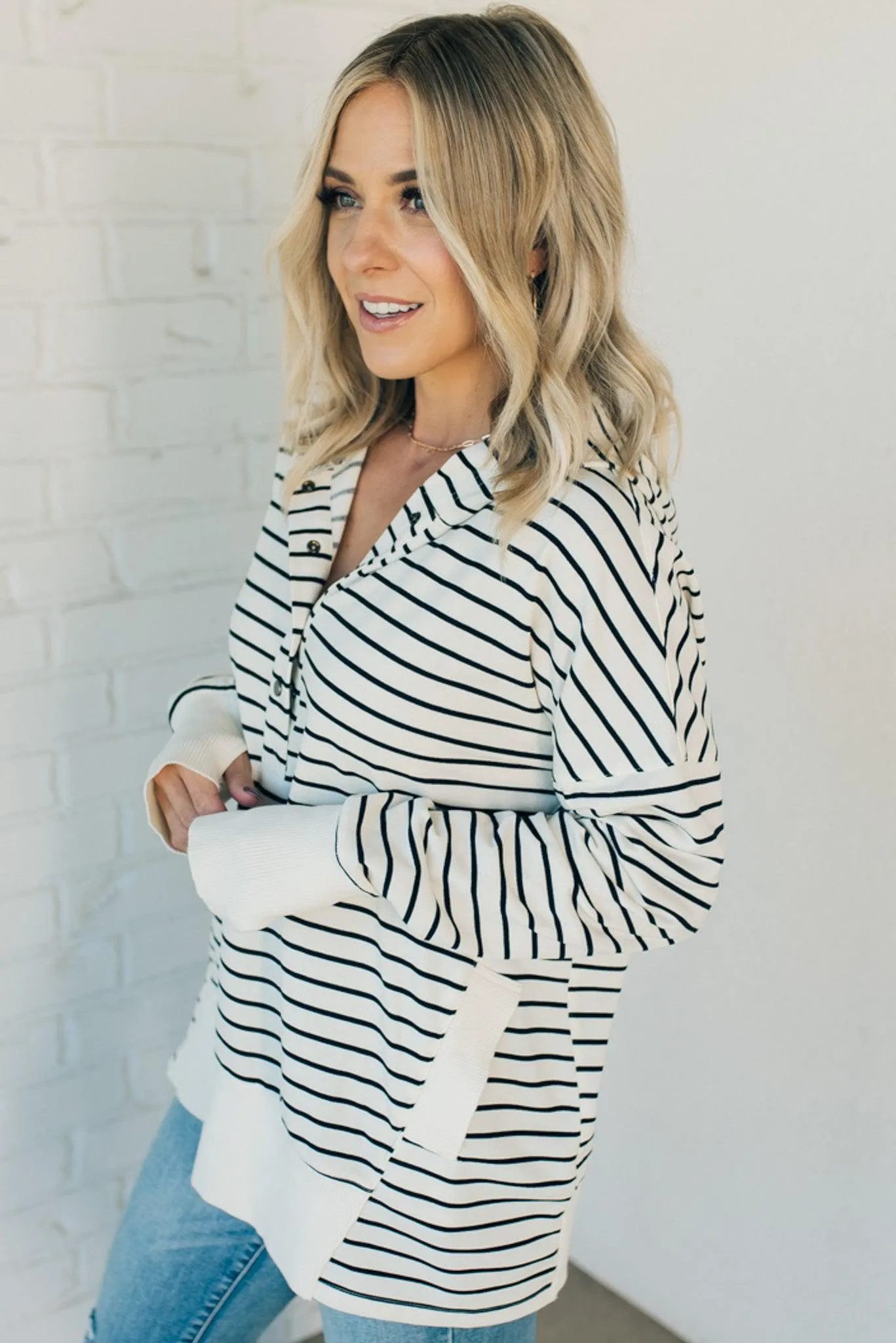 Striped Snap Front Lounge Hoodie