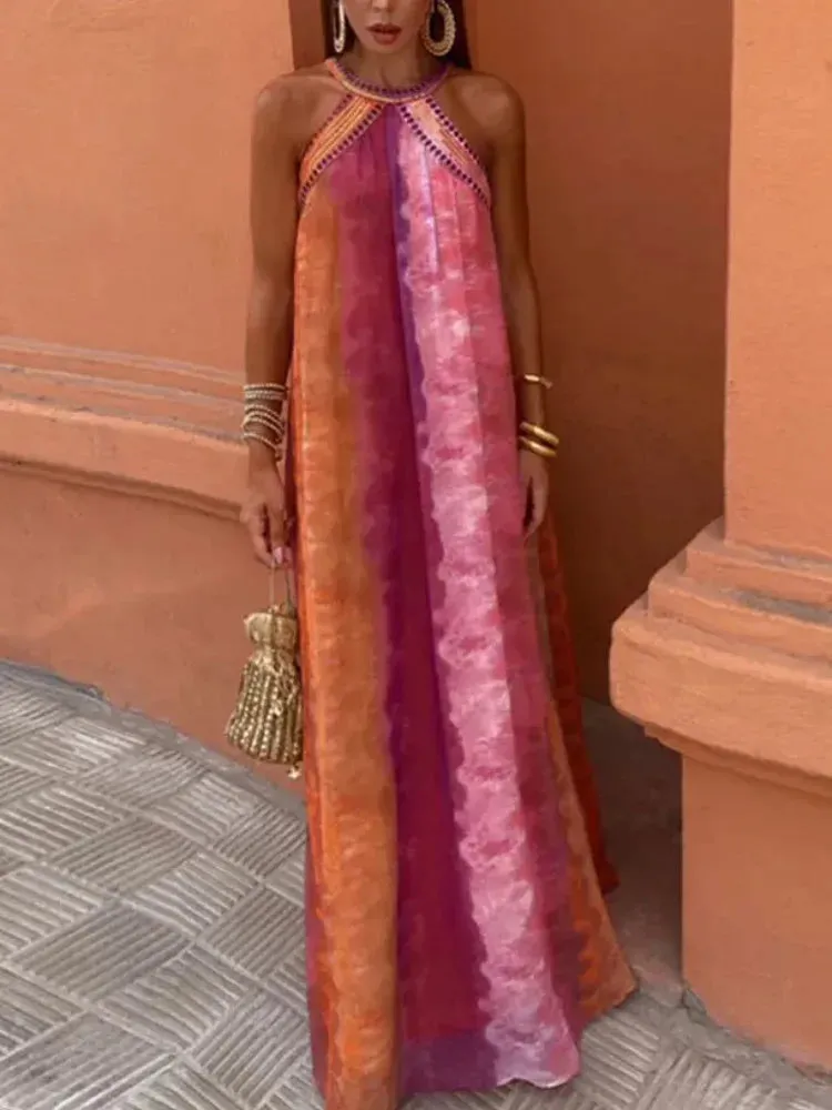 Tie Dye Sequins Pink Maxi Dress