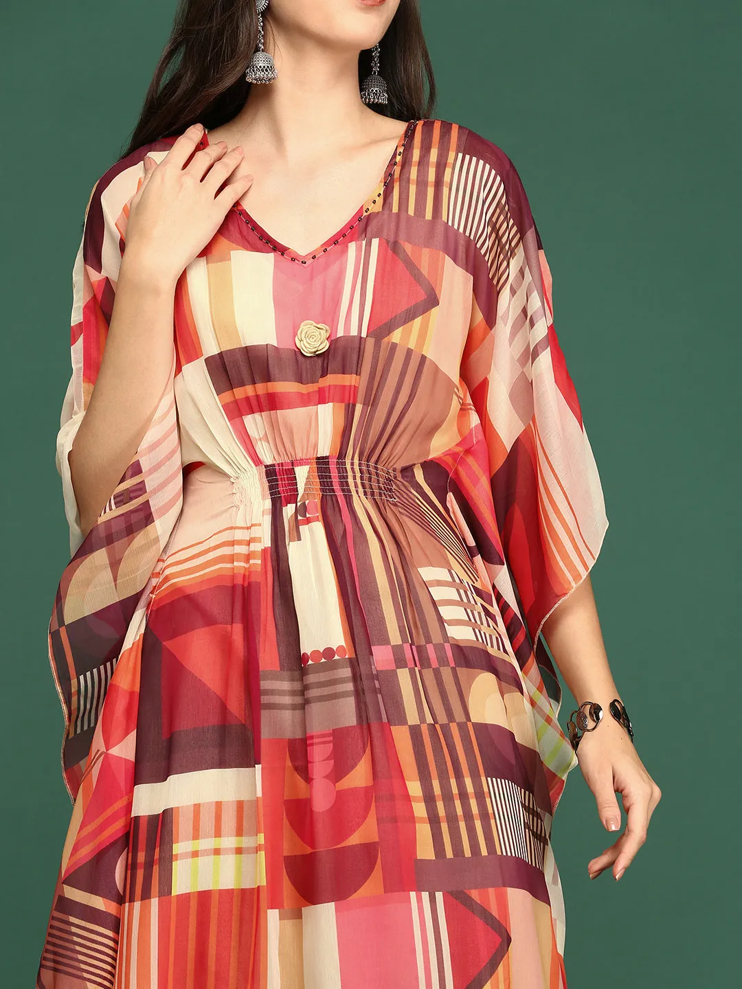 Women V-Neck Abstract Multi Kaftan Kurta