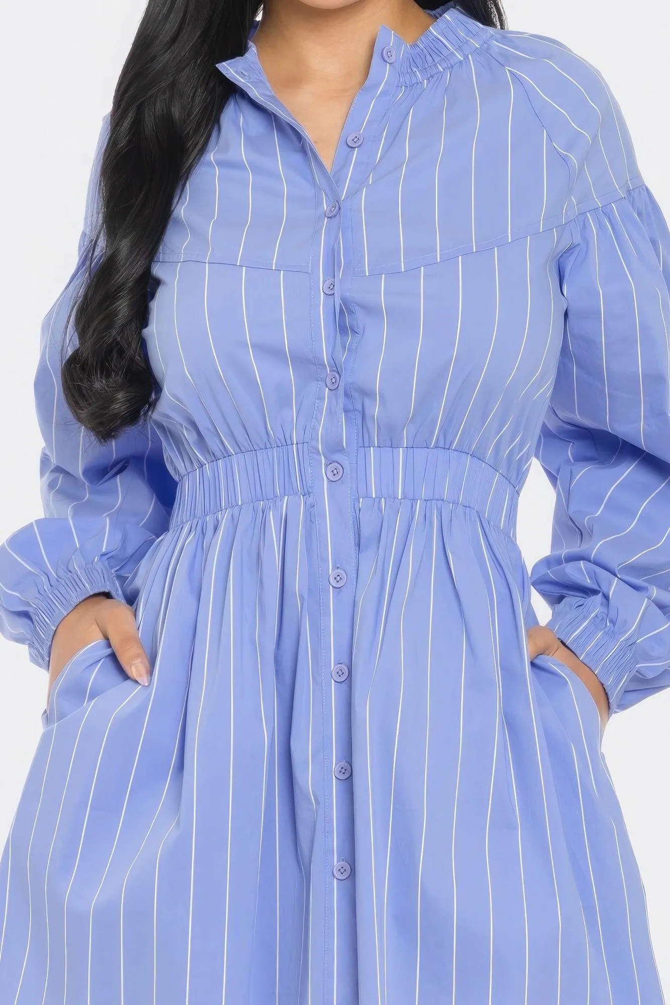 Women's Blue Striped Mini Dress with Pockets