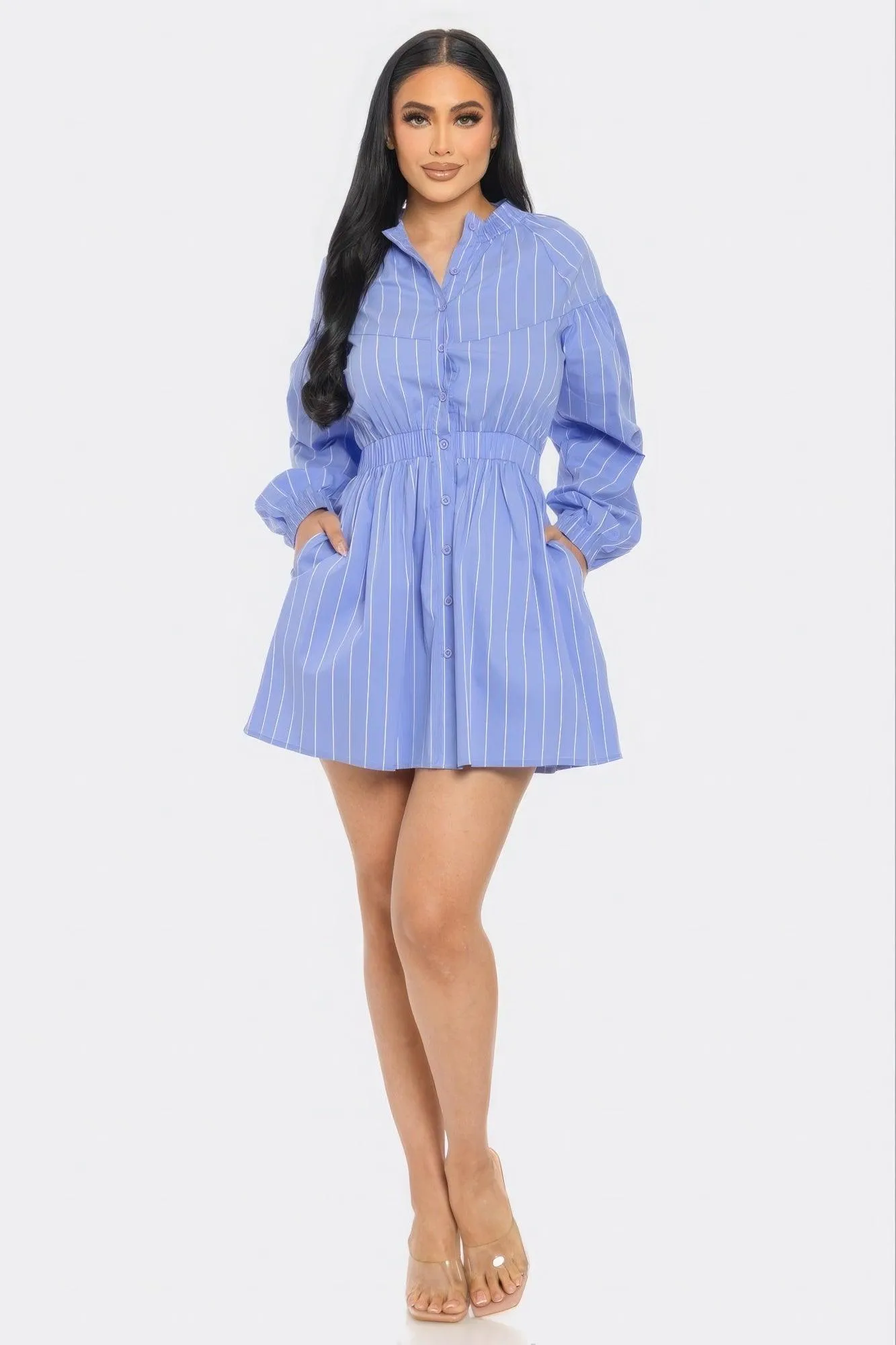 Women's Blue Striped Mini Dress with Pockets